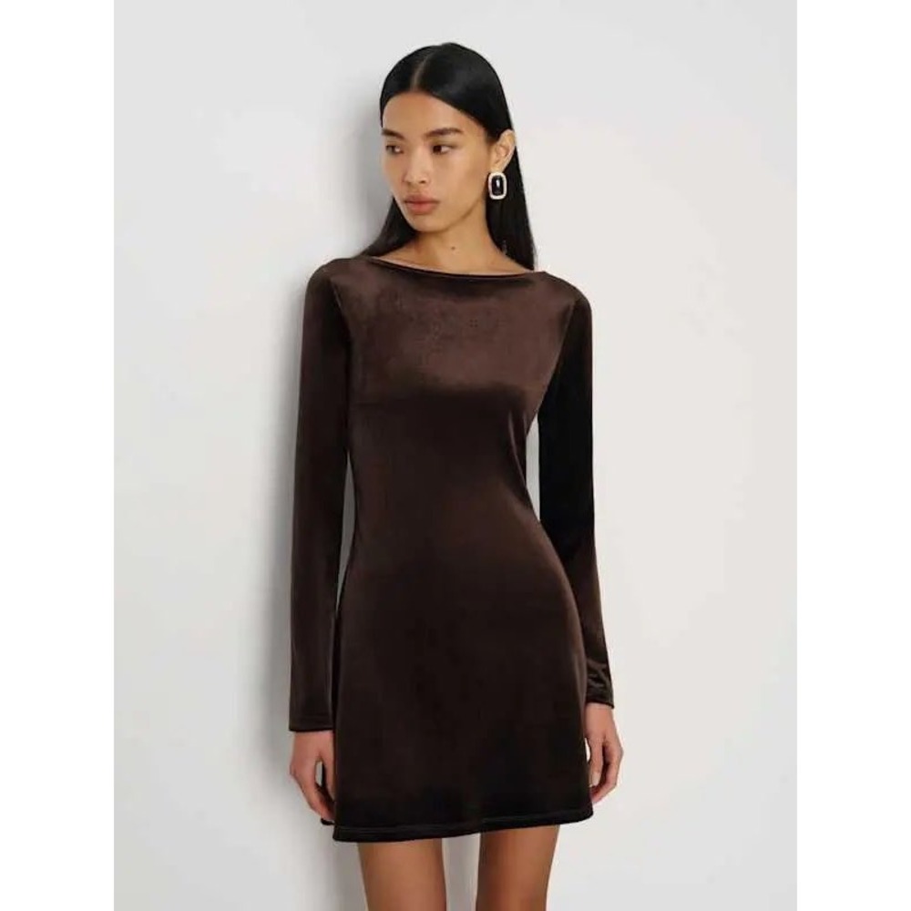 Reformation Jaelynn Brown Velvet Long Sleeve Boat Neck Mini Dress Size M